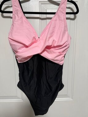 Black One-Piece Swimsuit with Pink Trim – Scoop Back